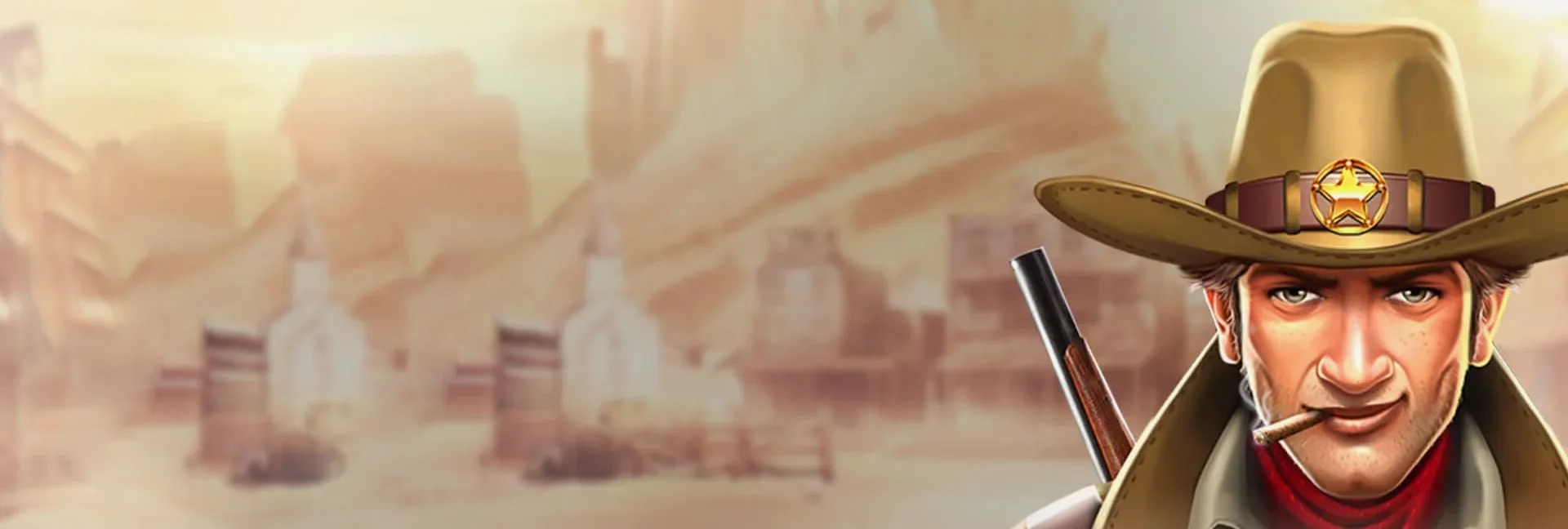 Sheriff with a rifle beside a dusty western town at sunset